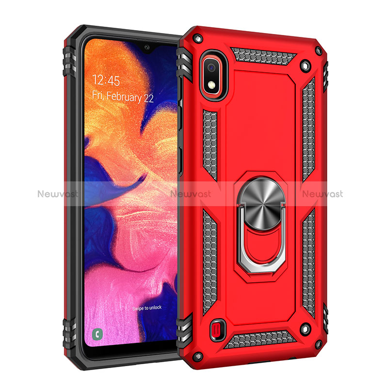 Silicone Matte Finish and Plastic Back Cover Case with Magnetic Finger Ring Stand QW3 for Samsung Galaxy A10 Red