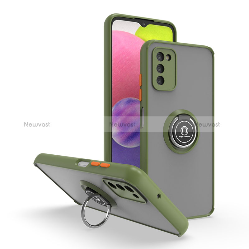 Silicone Matte Finish and Plastic Back Cover Case with Magnetic Finger Ring Stand QW3 for Samsung Galaxy F02S SM-E025F Army green