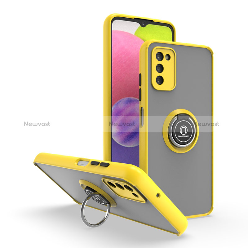 Silicone Matte Finish and Plastic Back Cover Case with Magnetic Finger Ring Stand QW3 for Samsung Galaxy F02S SM-E025F Yellow
