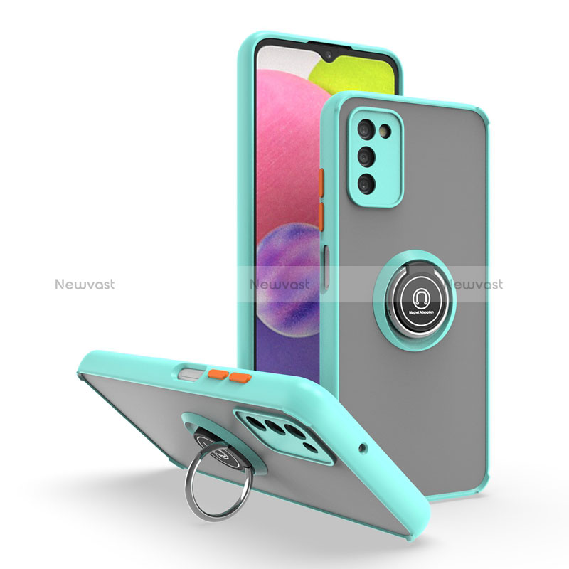 Silicone Matte Finish and Plastic Back Cover Case with Magnetic Finger Ring Stand QW3 for Samsung Galaxy M02s Cyan