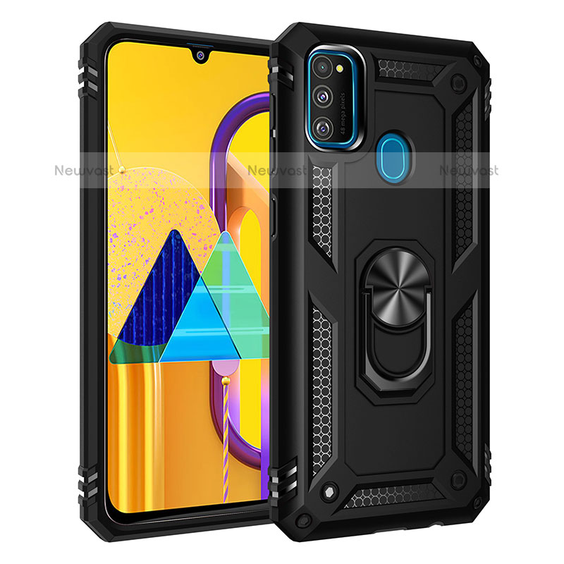 Silicone Matte Finish and Plastic Back Cover Case with Magnetic Finger Ring Stand QW3 for Samsung Galaxy M21 Black