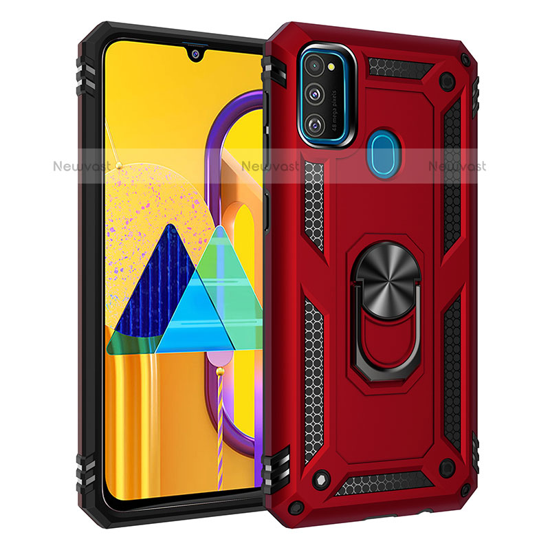 Silicone Matte Finish and Plastic Back Cover Case with Magnetic Finger Ring Stand QW3 for Samsung Galaxy M21 Red