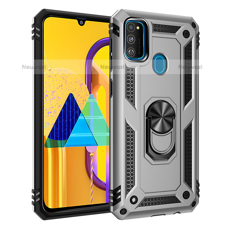 Silicone Matte Finish and Plastic Back Cover Case with Magnetic Finger Ring Stand QW3 for Samsung Galaxy M30s Silver