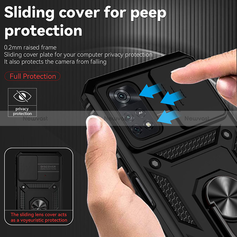 Silicone Matte Finish and Plastic Back Cover Case with Magnetic Finger Ring Stand QW3 for Xiaomi Poco M4 Pro 4G