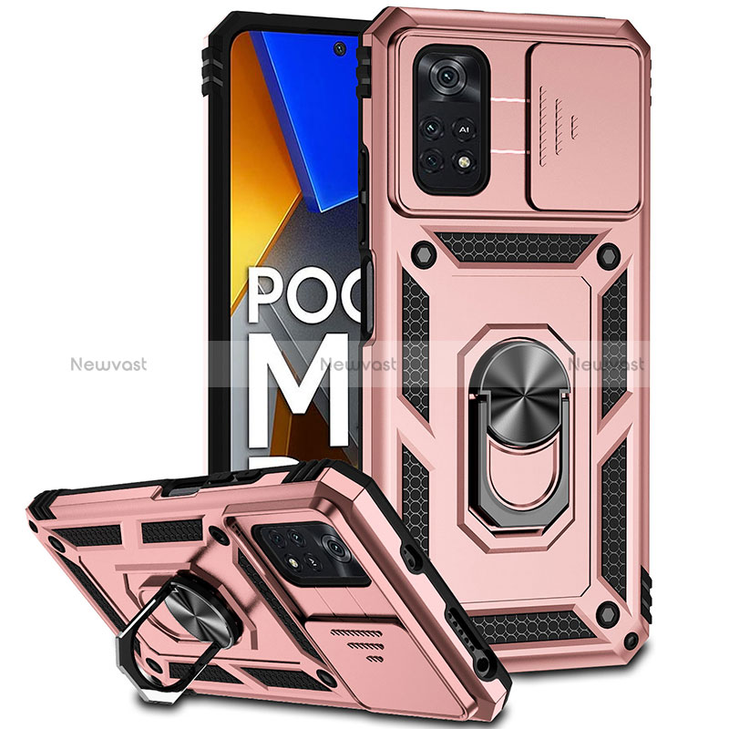 Silicone Matte Finish and Plastic Back Cover Case with Magnetic Finger Ring Stand QW3 for Xiaomi Poco M4 Pro 4G Rose Gold