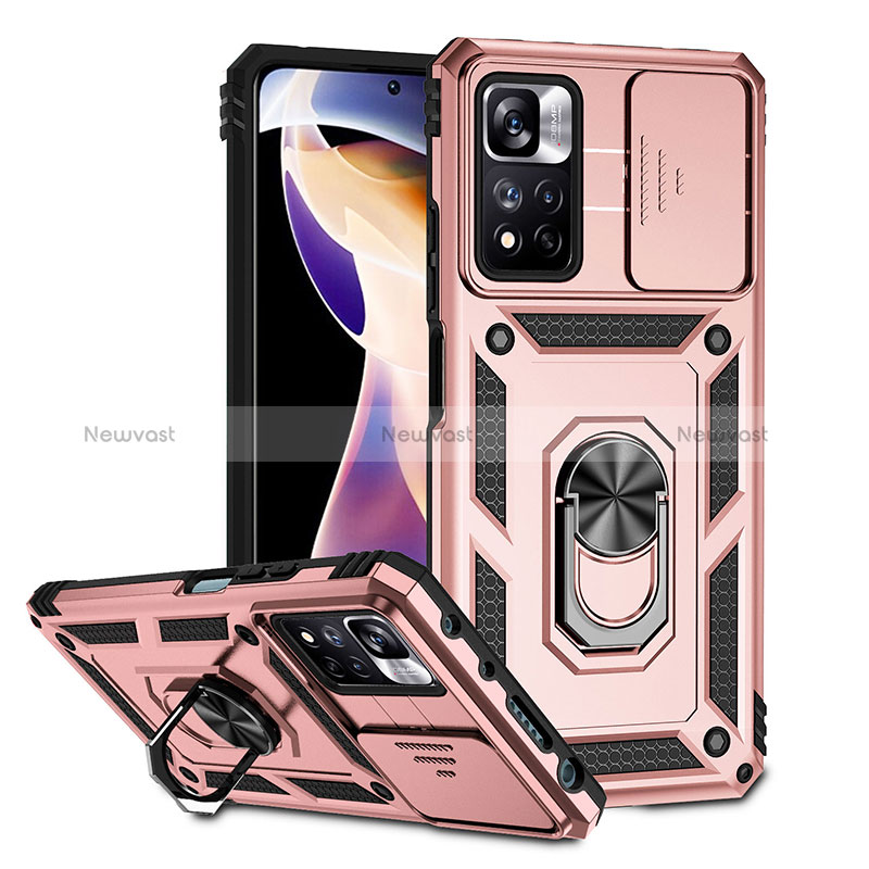 Silicone Matte Finish and Plastic Back Cover Case with Magnetic Finger Ring Stand QW3 for Xiaomi Poco X4 NFC Rose Gold