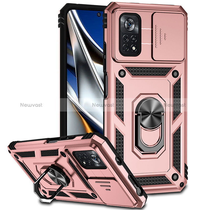 Silicone Matte Finish and Plastic Back Cover Case with Magnetic Finger Ring Stand QW3 for Xiaomi Poco X4 Pro 5G Rose Gold