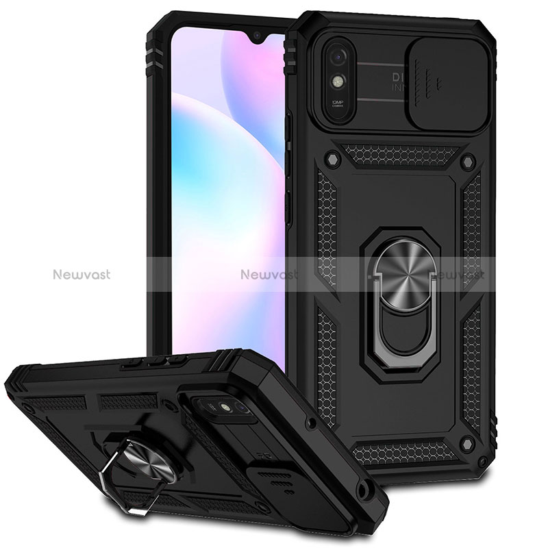 Silicone Matte Finish and Plastic Back Cover Case with Magnetic Finger Ring Stand QW3 for Xiaomi Redmi 9A Black