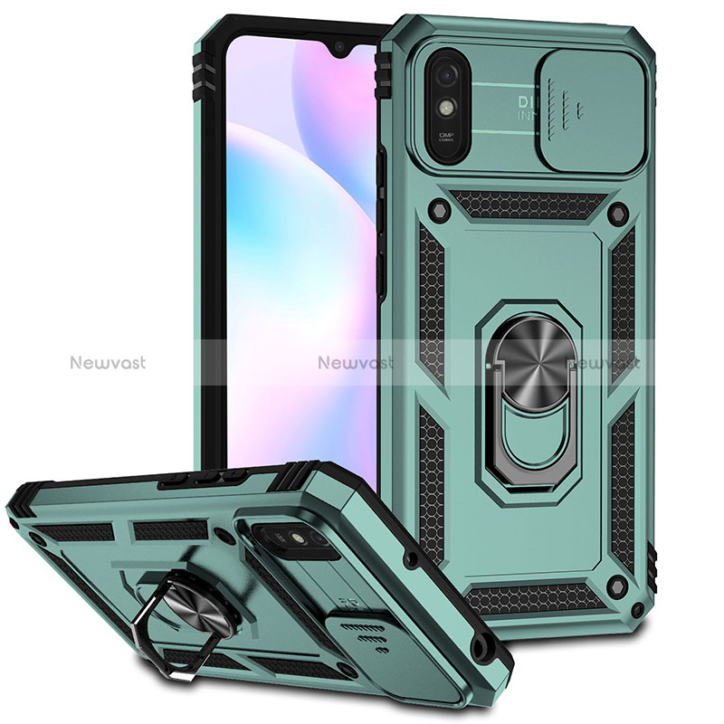 Silicone Matte Finish and Plastic Back Cover Case with Magnetic Finger Ring Stand QW3 for Xiaomi Redmi 9A Green