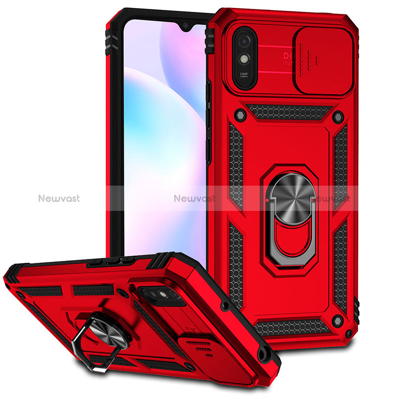 Silicone Matte Finish and Plastic Back Cover Case with Magnetic Finger Ring Stand QW3 for Xiaomi Redmi 9A Red