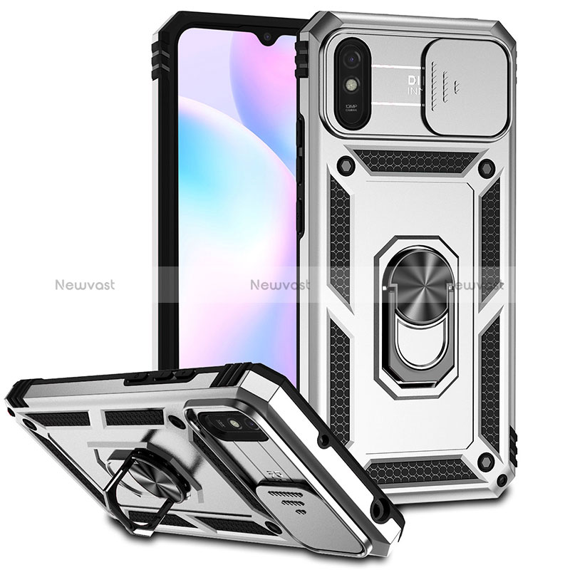 Silicone Matte Finish and Plastic Back Cover Case with Magnetic Finger Ring Stand QW3 for Xiaomi Redmi 9AT Silver