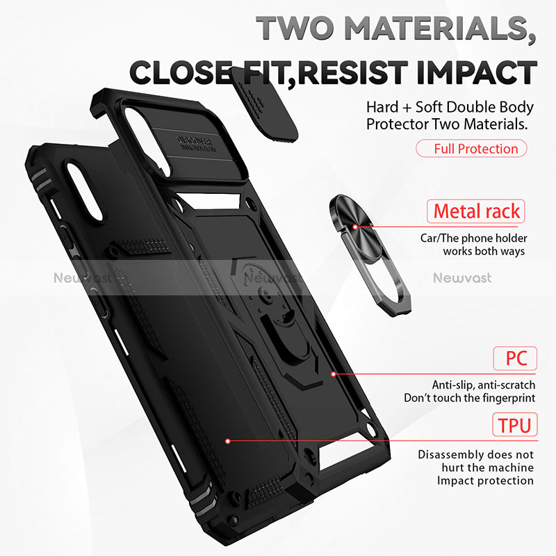 Silicone Matte Finish and Plastic Back Cover Case with Magnetic Finger Ring Stand QW3 for Xiaomi Redmi 9i