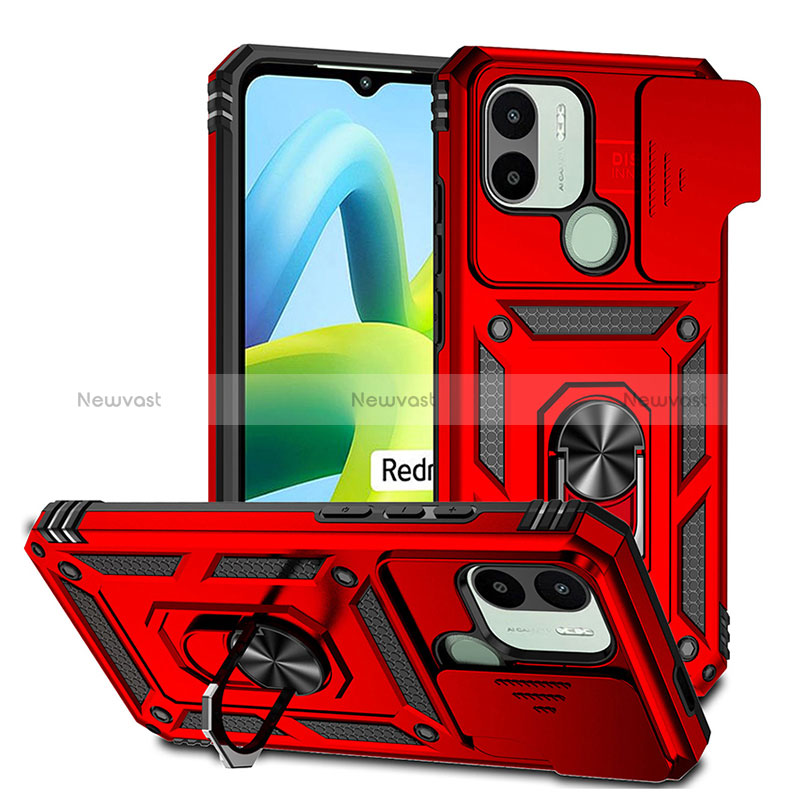 Silicone Matte Finish and Plastic Back Cover Case with Magnetic Finger Ring Stand QW3 for Xiaomi Redmi A1 Plus Red