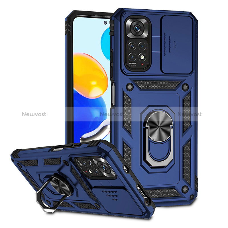 Silicone Matte Finish and Plastic Back Cover Case with Magnetic Finger Ring Stand QW3 for Xiaomi Redmi Note 11 4G (2022) Blue