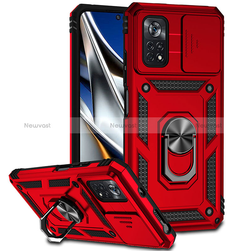 Silicone Matte Finish and Plastic Back Cover Case with Magnetic Finger Ring Stand QW3 for Xiaomi Redmi Note 11E Pro 5G Red
