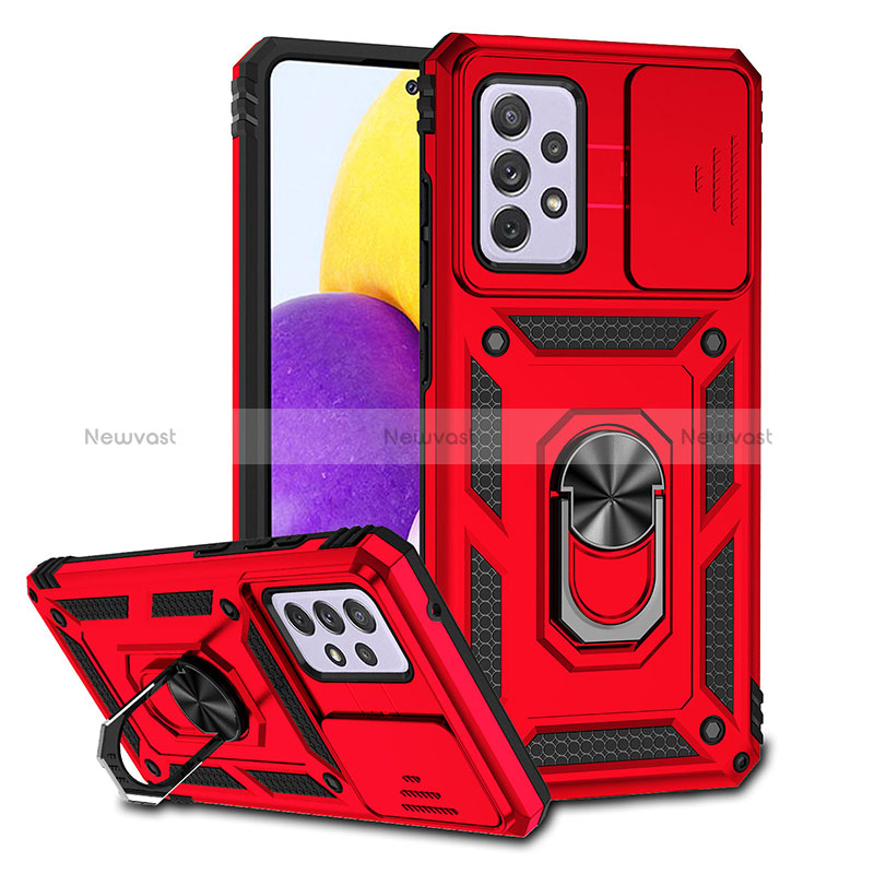 Silicone Matte Finish and Plastic Back Cover Case with Magnetic Finger Ring Stand QW6 for Samsung Galaxy A52s 5G Red