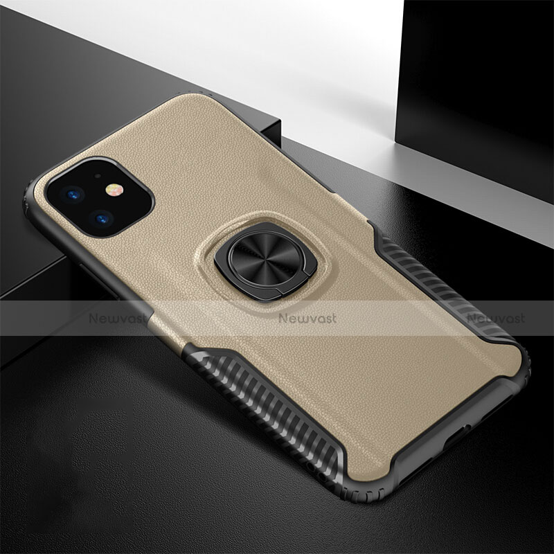 Silicone Matte Finish and Plastic Back Cover Case with Magnetic Finger Ring Stand R01 for Apple iPhone 11