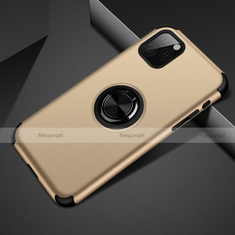 Silicone Matte Finish and Plastic Back Cover Case with Magnetic Finger Ring Stand R01 for Apple iPhone 11 Pro Max Gold