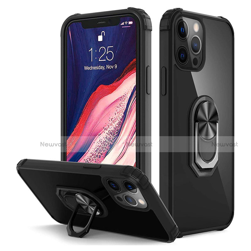 Silicone Matte Finish and Plastic Back Cover Case with Magnetic Finger Ring Stand R01 for Apple iPhone 12 Pro Max Black