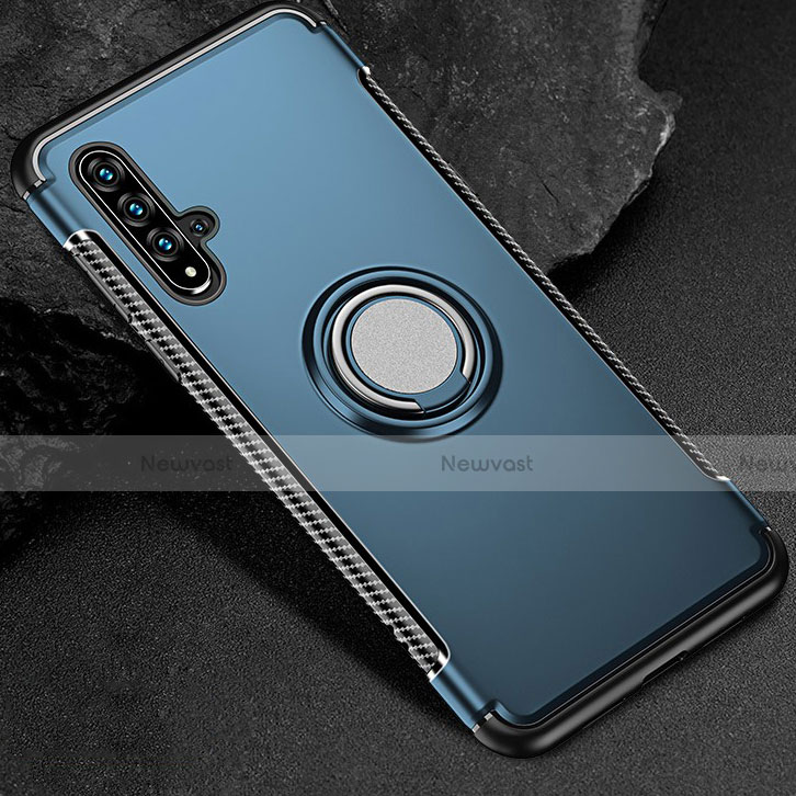 Silicone Matte Finish and Plastic Back Cover Case with Magnetic Finger Ring Stand R01 for Huawei Honor 20 Blue