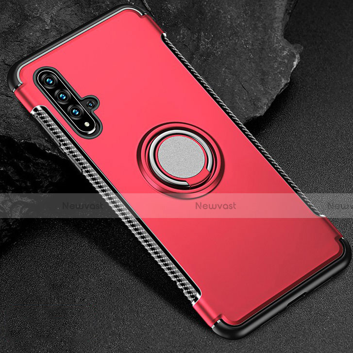 Silicone Matte Finish and Plastic Back Cover Case with Magnetic Finger Ring Stand R01 for Huawei Honor 20 Red