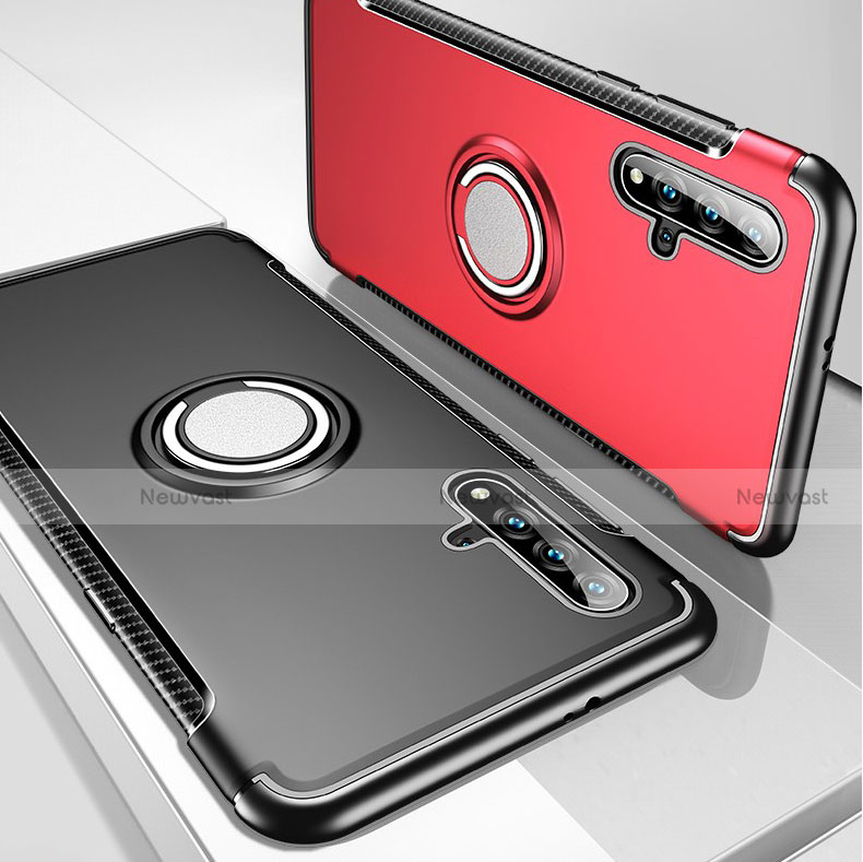 Silicone Matte Finish and Plastic Back Cover Case with Magnetic Finger Ring Stand R01 for Huawei Honor 20S