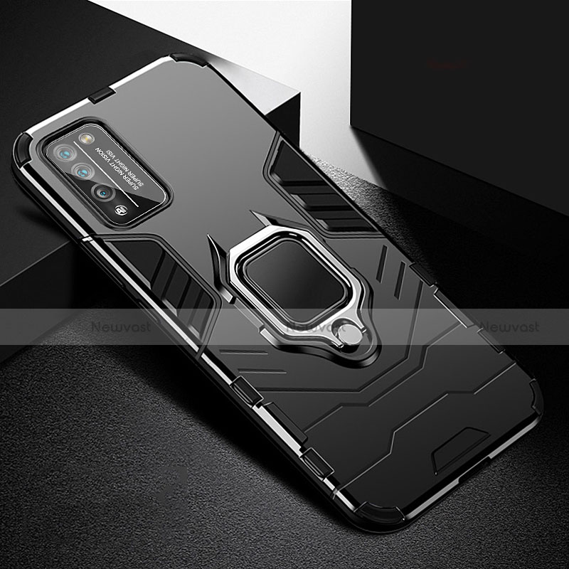 Silicone Matte Finish and Plastic Back Cover Case with Magnetic Finger Ring Stand R01 for Huawei Honor 30 Lite 5G Black