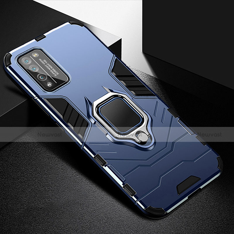 Silicone Matte Finish and Plastic Back Cover Case with Magnetic Finger Ring Stand R01 for Huawei Honor 30 Lite 5G Blue