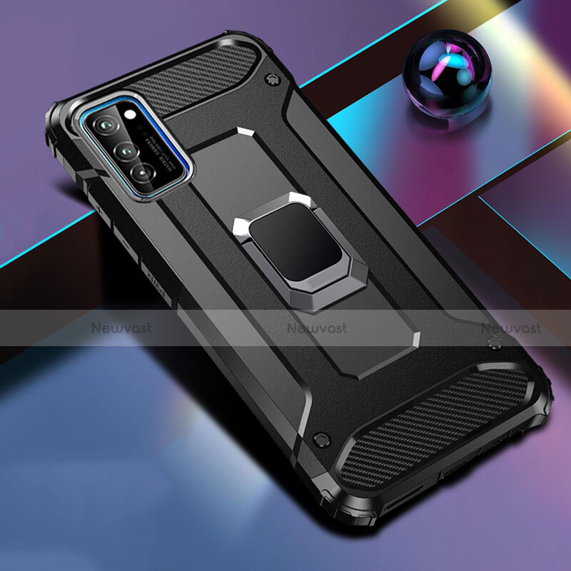 Silicone Matte Finish and Plastic Back Cover Case with Magnetic Finger Ring Stand R01 for Huawei Honor V30 5G