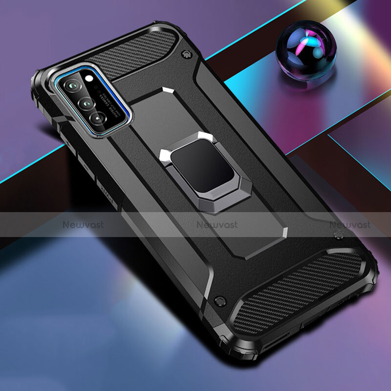 Silicone Matte Finish and Plastic Back Cover Case with Magnetic Finger Ring Stand R01 for Huawei Honor V30 5G Black