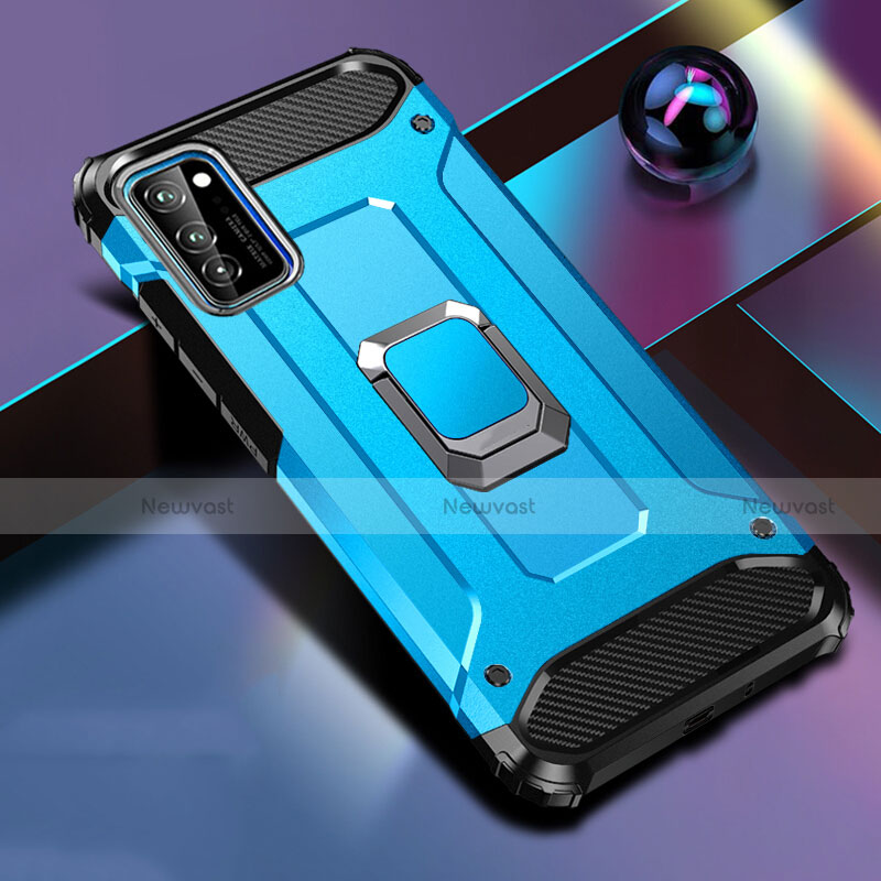 Silicone Matte Finish and Plastic Back Cover Case with Magnetic Finger Ring Stand R01 for Huawei Honor V30 Pro 5G Sky Blue