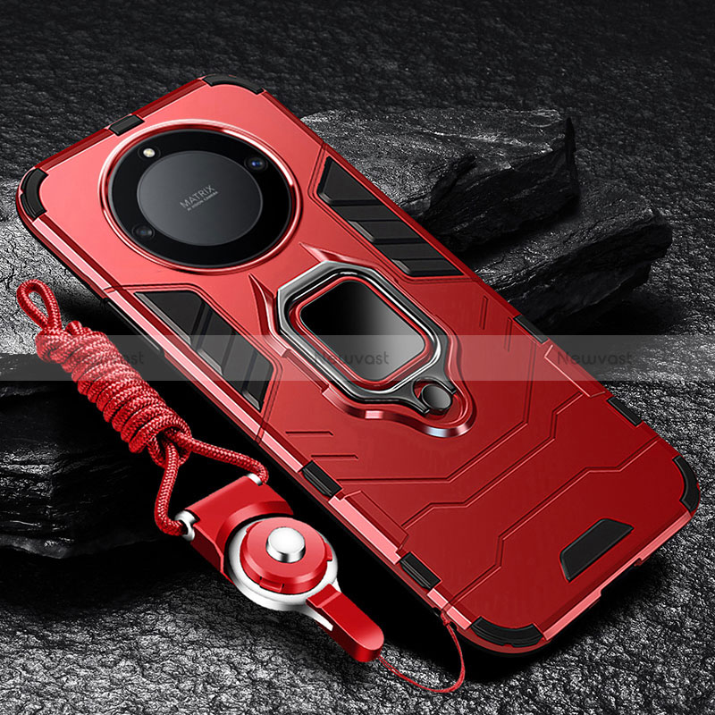 Silicone Matte Finish and Plastic Back Cover Case with Magnetic Finger Ring Stand R01 for Huawei Honor X9b 5G Red