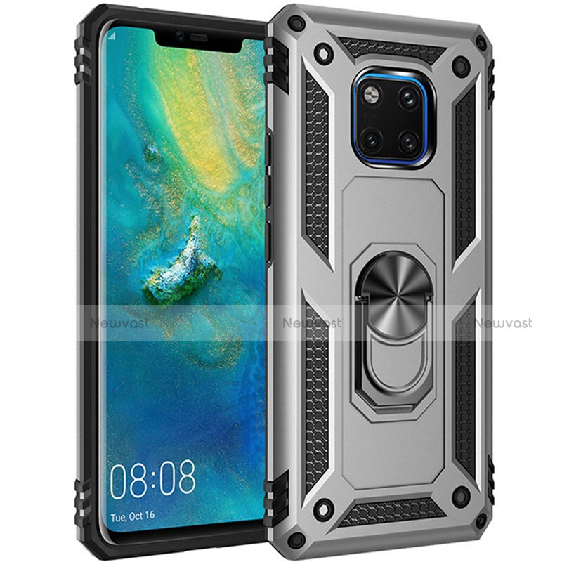 Silicone Matte Finish and Plastic Back Cover Case with Magnetic Finger Ring Stand R01 for Huawei Mate 20 Pro