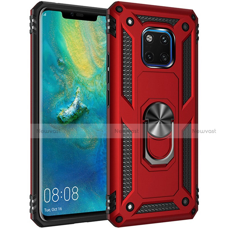 Silicone Matte Finish and Plastic Back Cover Case with Magnetic Finger Ring Stand R01 for Huawei Mate 20 Pro Red