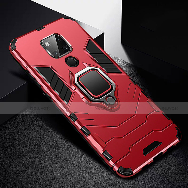 Silicone Matte Finish and Plastic Back Cover Case with Magnetic Finger Ring Stand R01 for Huawei Mate 20 X 5G