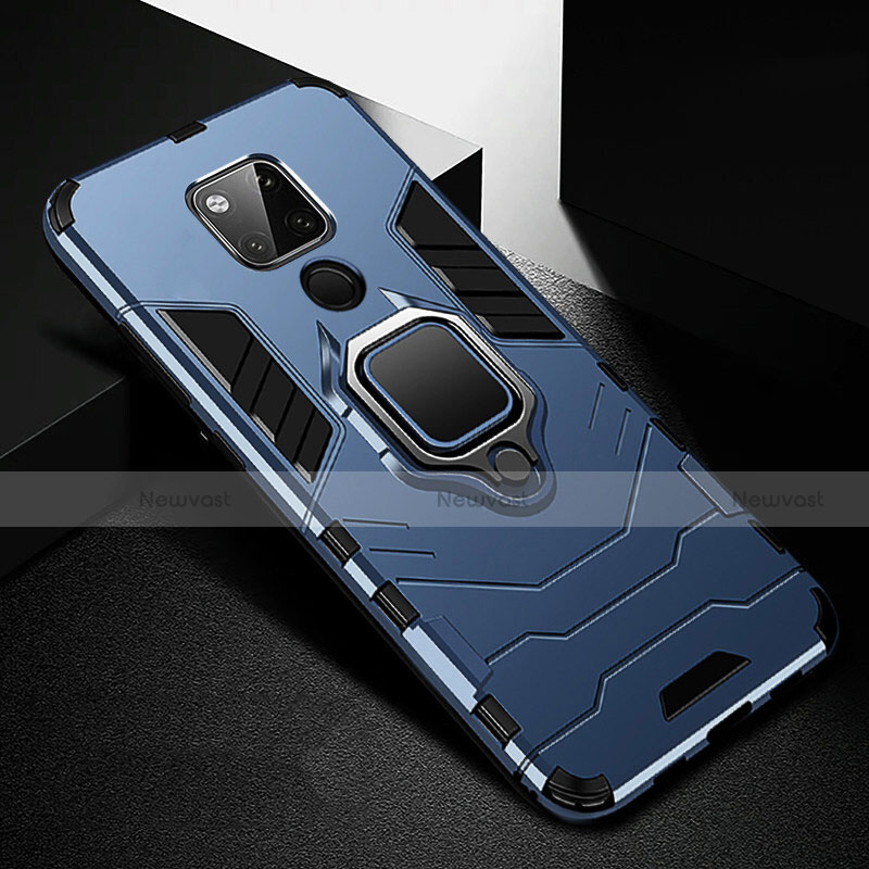 Silicone Matte Finish and Plastic Back Cover Case with Magnetic Finger Ring Stand R01 for Huawei Mate 20 X 5G Blue