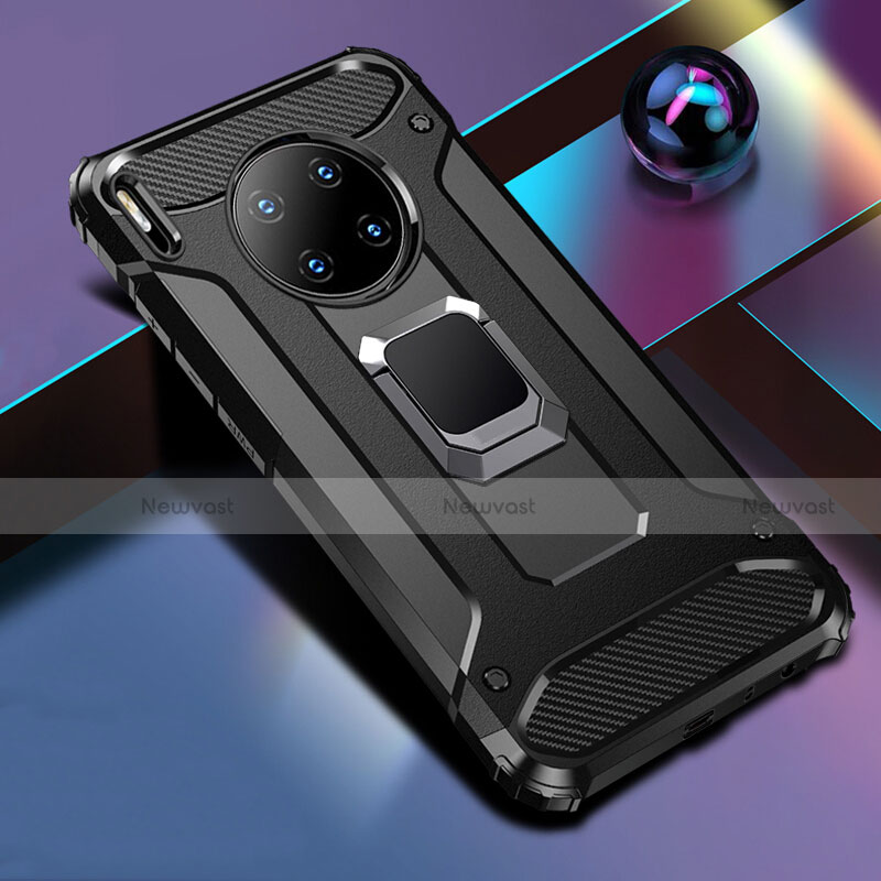 Silicone Matte Finish and Plastic Back Cover Case with Magnetic Finger Ring Stand R01 for Huawei Mate 30 Pro Black