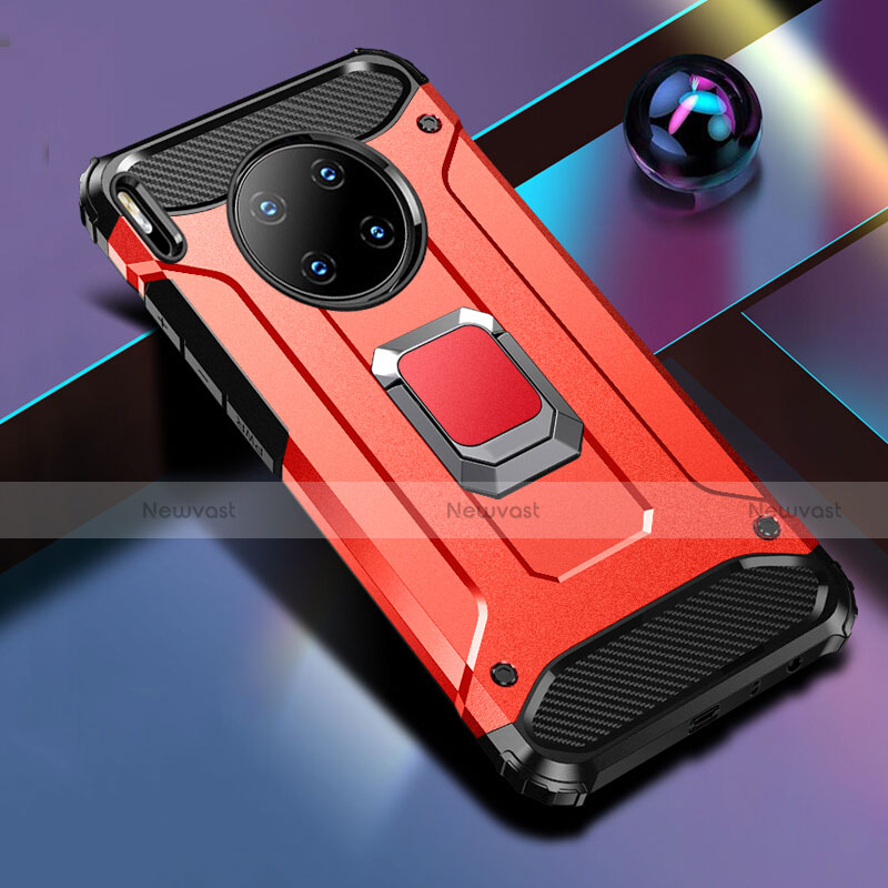 Silicone Matte Finish and Plastic Back Cover Case with Magnetic Finger Ring Stand R01 for Huawei Mate 30 Pro Red