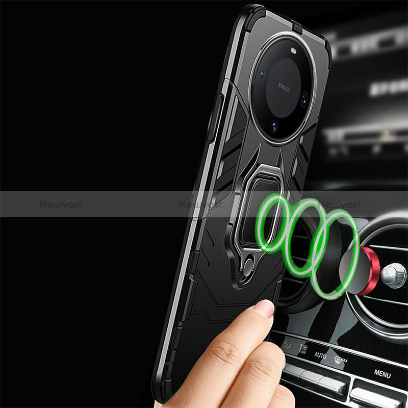 Silicone Matte Finish and Plastic Back Cover Case with Magnetic Finger Ring Stand R01 for Huawei Mate 60