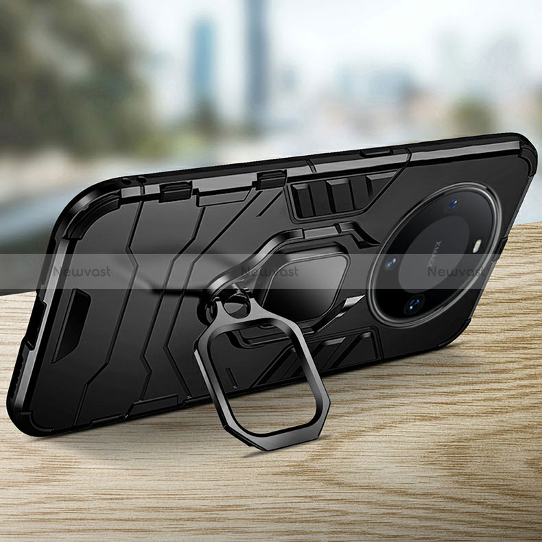 Silicone Matte Finish and Plastic Back Cover Case with Magnetic Finger Ring Stand R01 for Huawei Mate 60