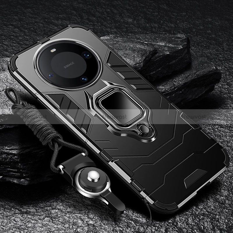 Silicone Matte Finish and Plastic Back Cover Case with Magnetic Finger Ring Stand R01 for Huawei Mate 60 Pro+ Plus Black