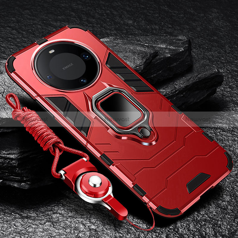 Silicone Matte Finish and Plastic Back Cover Case with Magnetic Finger Ring Stand R01 for Huawei Mate 60 Pro+ Plus Red