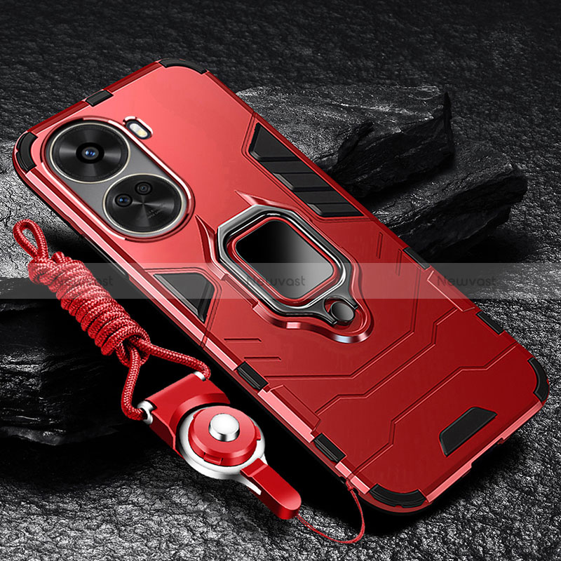 Silicone Matte Finish and Plastic Back Cover Case with Magnetic Finger Ring Stand R01 for Huawei Nova 11 SE Red