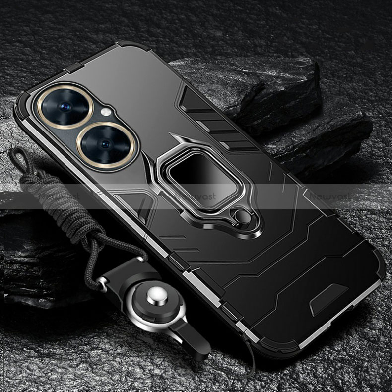 Silicone Matte Finish and Plastic Back Cover Case with Magnetic Finger Ring Stand R01 for Huawei Nova 11i Black