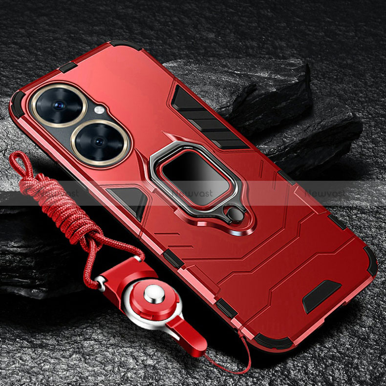 Silicone Matte Finish and Plastic Back Cover Case with Magnetic Finger Ring Stand R01 for Huawei Nova 11i Red