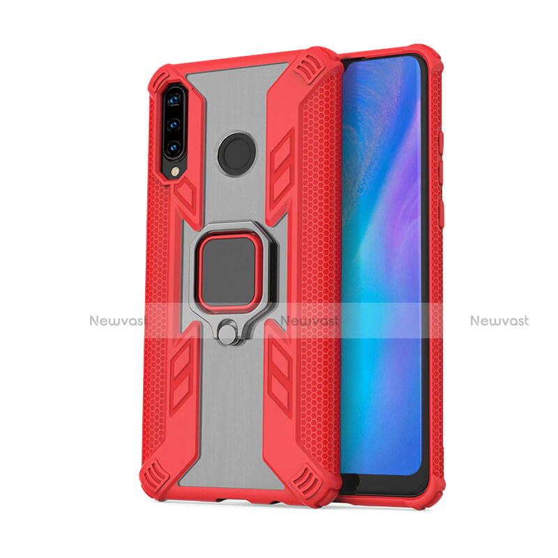 Silicone Matte Finish and Plastic Back Cover Case with Magnetic Finger Ring Stand R01 for Huawei Nova 4e Red