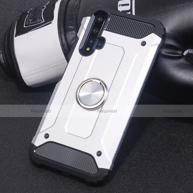 Silicone Matte Finish and Plastic Back Cover Case with Magnetic Finger Ring Stand R01 for Huawei Nova 5 Pro Silver