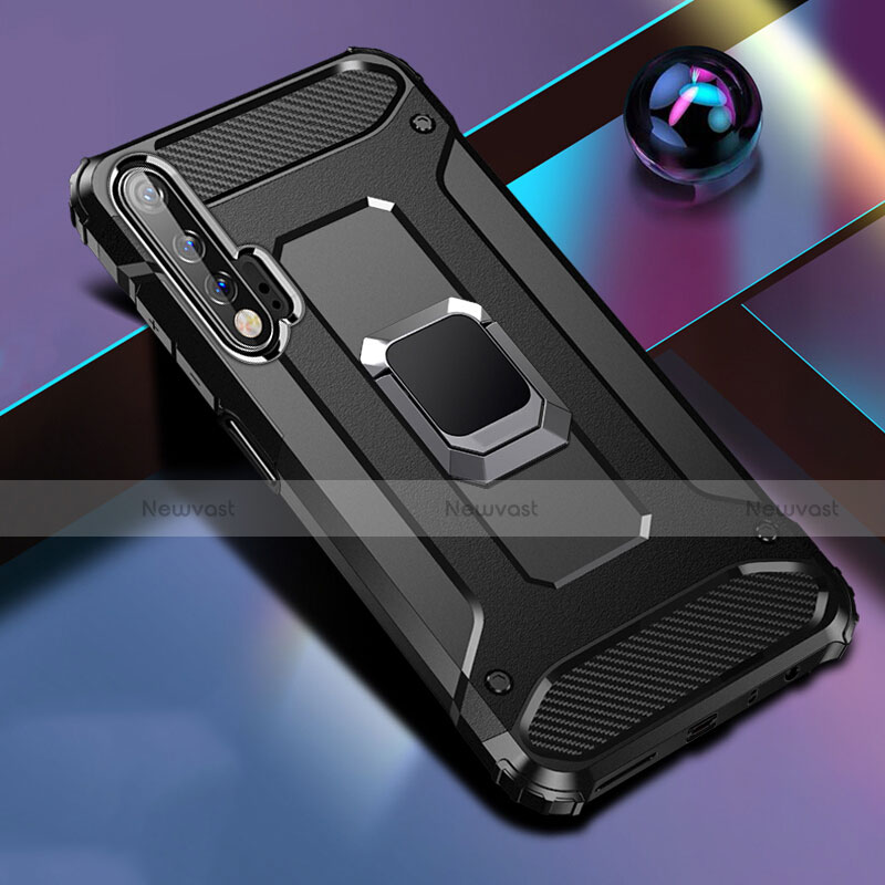 Silicone Matte Finish and Plastic Back Cover Case with Magnetic Finger Ring Stand R01 for Huawei Nova 6 5G Black