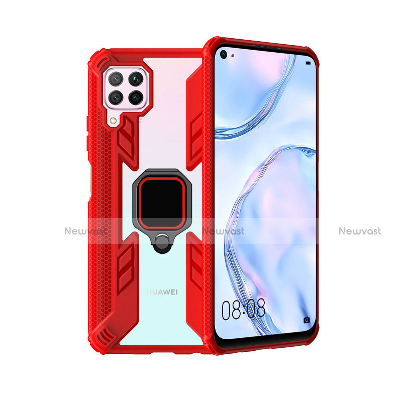 Silicone Matte Finish and Plastic Back Cover Case with Magnetic Finger Ring Stand R01 for Huawei Nova 6 SE Red