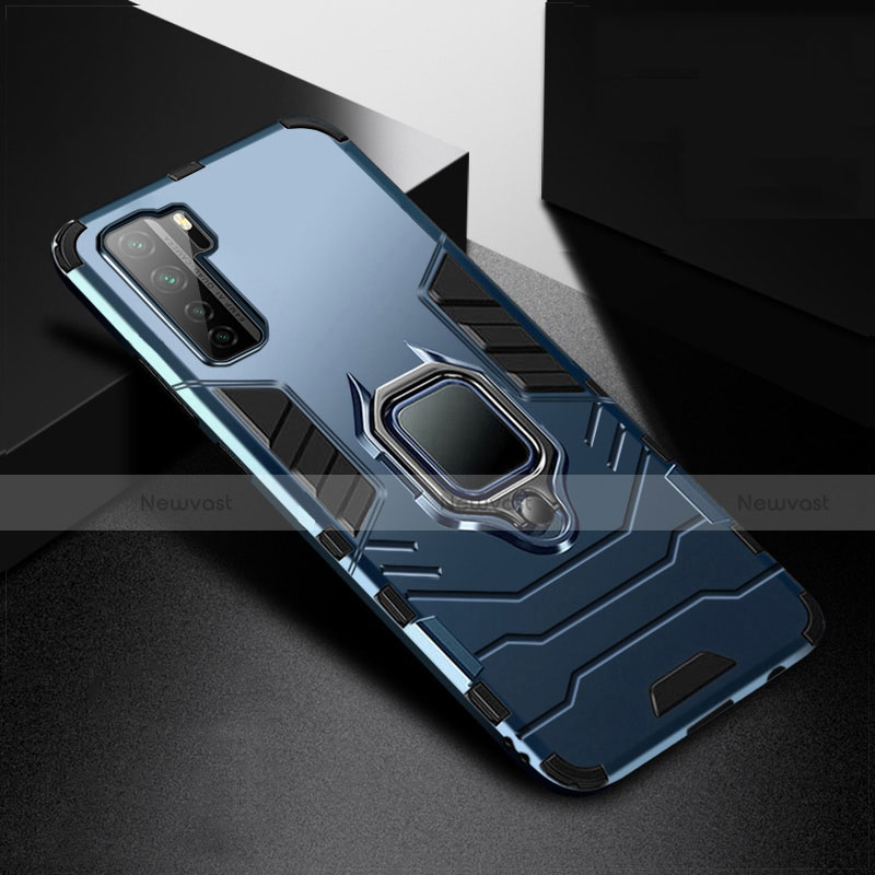 Silicone Matte Finish and Plastic Back Cover Case with Magnetic Finger Ring Stand R01 for Huawei Nova 7 SE 5G Blue